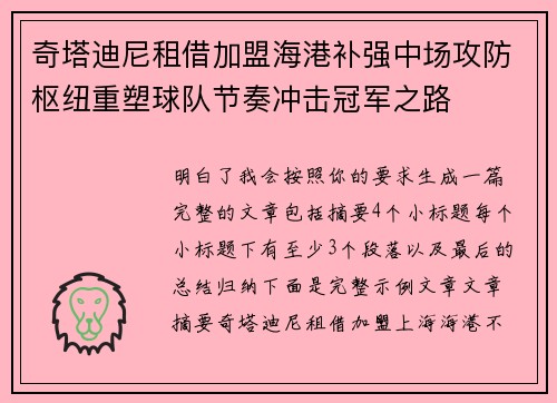 奇塔迪尼租借加盟海港补强中场攻防枢纽重塑球队节奏冲击冠军之路