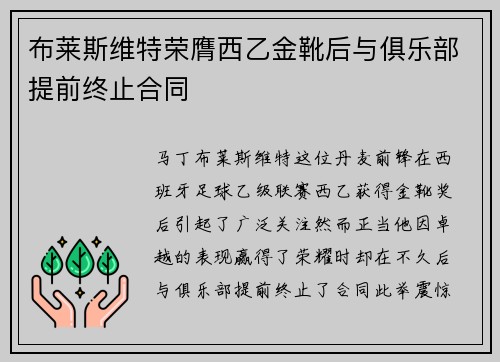 布莱斯维特荣膺西乙金靴后与俱乐部提前终止合同 布莱斯维特荣膺西乙金靴后与俱乐部提前终止合同